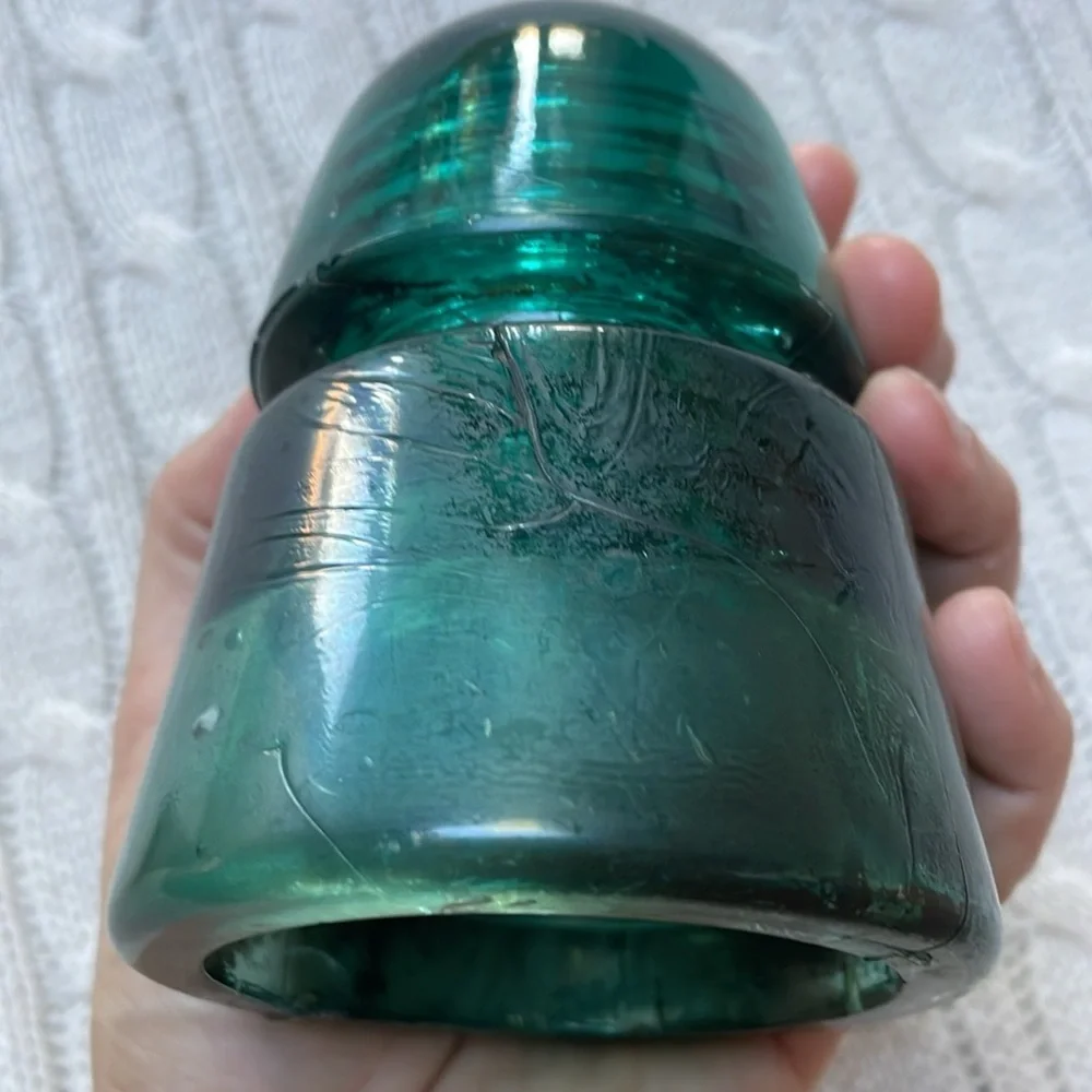 Antique glass insulator. Aqua teal glass. Threads inside stamped B on outside